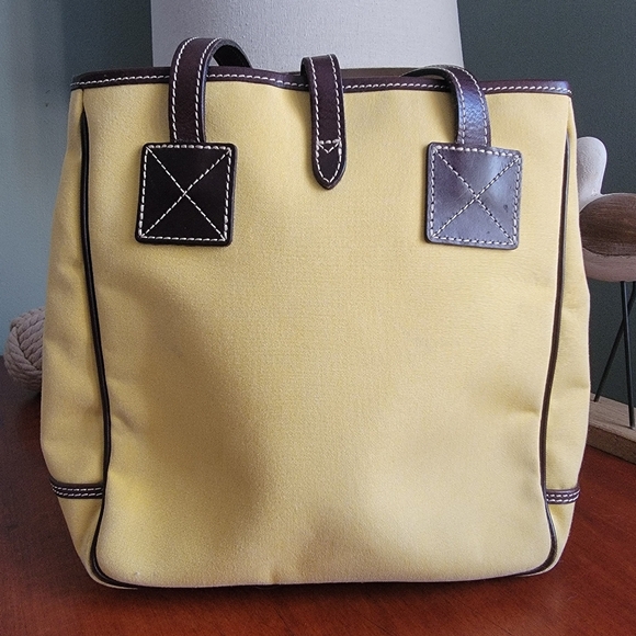 Vintage Dooney & Bourke Yellow Canvas Twill Shopper Tote Bag Brown Leather Purse - Picture 5 of 14